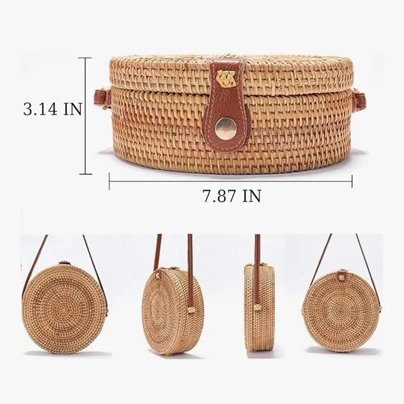 Brown Rattan Woven Round Crossbody Bag - Picture 3 of 4